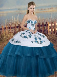 Shining Blue And White Ball Gowns Sweetheart Sleeveless Tulle Floor Length Lace Up Embroidery and Bowknot Vestidos de Qu