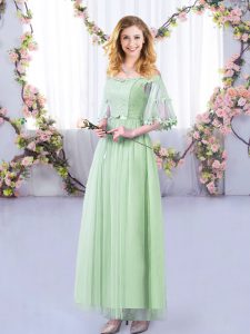 Clearance Apple Green Tulle Side Zipper Dama Dress for Quinceanera Half Sleeves Floor Length Lace and Belt