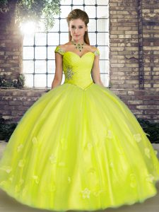 Charming Yellow Green Tulle Lace Up Off The Shoulder Sleeveless Floor Length Quinceanera Gown Beading and Appliques