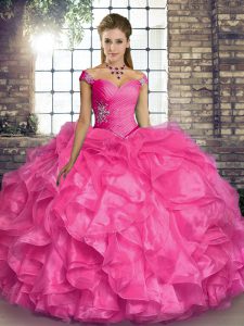 Sleeveless Floor Length Beading and Ruffles Lace Up Sweet 16 Dresses with Hot Pink