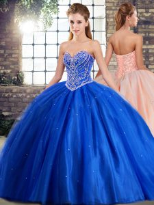 Exceptional Blue 15 Quinceanera Dress Tulle Brush Train Sleeveless Beading