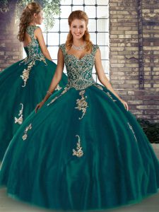 Peacock Green Lace Up Sweet 16 Dress Beading and Appliques Sleeveless Floor Length
