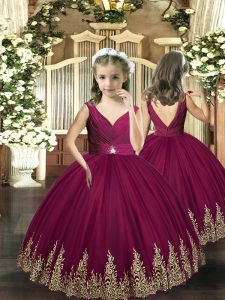 Popular Burgundy Sleeveless Floor Length Embroidery Backless Pageant Gowns For Girls