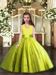 Yellow Green Lace Up Little Girls Pageant Dress Beading Sleeveless Floor Length