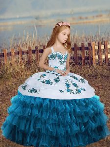 Hot Sale Floor Length Blue Child Pageant Dress Sleeveless Embroidery and Ruffled Layers