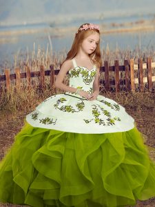 Olive Green Lace Up Straps Embroidery and Ruffles Custom Made Pageant Dress Long Sleeves