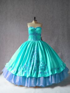 Luxurious Aqua Blue Ball Gowns Embroidery Quinceanera Gown Lace Up Satin and Organza Sleeveless Floor Length