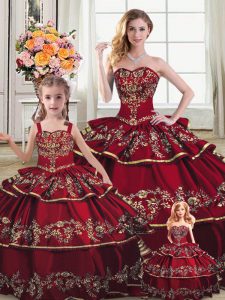 Floor Length Lace Up Sweet 16 Dresses Wine Red for Sweet 16 and Quinceanera with Embroidery and Ruffled Layers