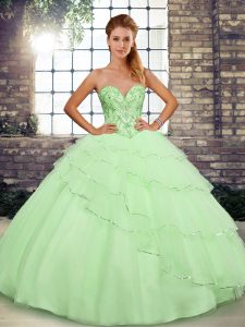 Yellow Green Ball Gowns Tulle Sweetheart Sleeveless Beading and Ruffled Layers Lace Up 15th Birthday Dress Brush Train