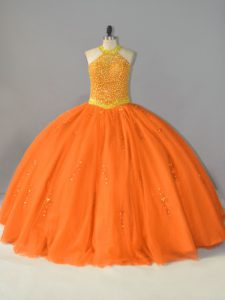 Low Price Halter Top Sleeveless Quinceanera Dress Floor Length Beading Orange Tulle