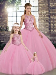 Sleeveless Tulle Floor Length Lace Up Vestidos de Quinceanera in Pink with Embroidery