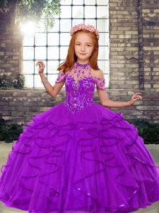 Purple High-neck Neckline Beading and Ruffles Little Girls Pageant Dress Wholesale Sleeveless Lace Up