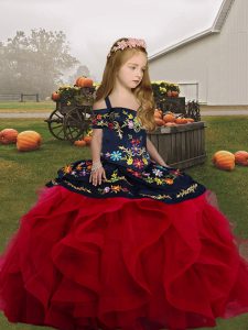 Red Ball Gowns Tulle Straps Sleeveless Embroidery and Ruffles Floor Length Lace Up Kids Formal Wear
