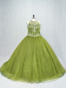Vintage Olive Green Lace Up Scoop Beading Quinceanera Gown Tulle Sleeveless Brush Train