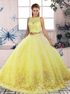Exceptional Yellow Tulle Backless 15th Birthday Dress Sleeveless Sweep Train Lace