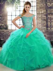 Modest Turquoise Tulle Lace Up Quinceanera Dresses Sleeveless Brush Train Beading and Ruffles