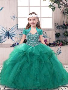 Turquoise Ball Gowns Straps Sleeveless Tulle Floor Length Side Zipper Beading Pageant Dresses