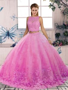 Simple Rose Pink Two Pieces Scalloped Sleeveless Tulle Sweep Train Backless Lace Sweet 16 Dresses