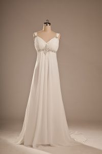 Traditional White Sleeveless Chiffon Brush Train Lace Up Bridal Gown for Wedding Party