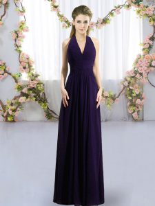 Floor Length Zipper Bridesmaid Gown Dark Purple for Wedding Party with Ruching