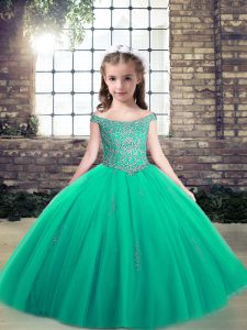 Inexpensive Turquoise Lace Up High School Pageant Dress Appliques Sleeveless Floor Length