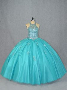 Shining Sleeveless Tulle Floor Length Lace Up Quinceanera Gowns in Aqua Blue with Beading