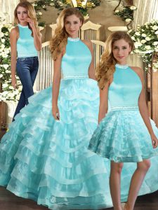 Aqua Blue Backless Sweet 16 Quinceanera Dress Ruffled Layers Sleeveless Floor Length