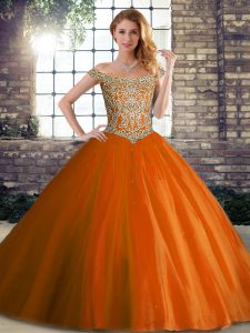 Sleeveless Beading Lace Up 15 Quinceanera Dress with Orange Red Brush Train
