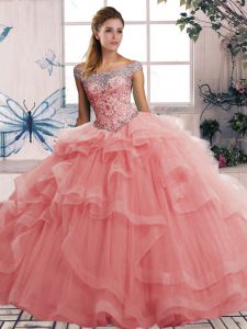 Ball Gowns Sweet 16 Quinceanera Dress Watermelon Red Off The Shoulder Tulle Sleeveless Floor Length Lace Up