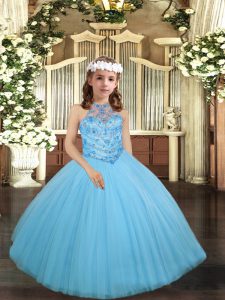 Sleeveless Floor Length Beading Lace Up Little Girl Pageant Gowns with Aqua Blue