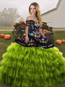 Suitable Olive Green Sleeveless Embroidery and Ruffled Layers Floor Length 15 Quinceanera Dress