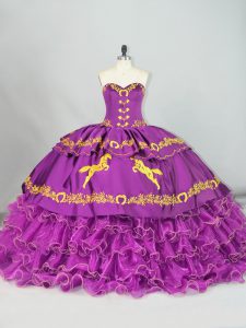 Decent Purple Lace Up Quinceanera Gowns Embroidery and Ruffles Sleeveless Brush Train