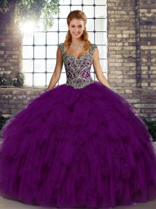 Ball Gowns Sweet 16 Dress Purple Straps Organza Sleeveless Floor Length Lace Up