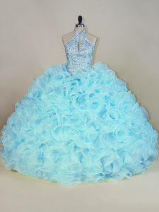 Customized Aqua Blue Quince Ball Gowns Fabric With Rolling Flowers Brush Train Sleeveless Beading and Ruffles