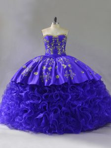 Stunning Purple Lace Up Sweetheart Embroidery and Ruffles Quinceanera Dress Fabric With Rolling Flowers Sleeveless Brush