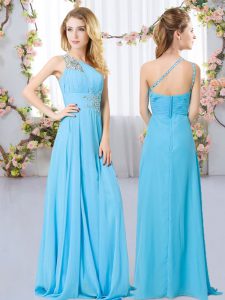 Exceptional Aqua Blue One Shoulder Zipper Beading Bridesmaids Dress Sleeveless