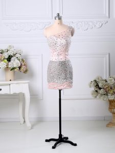 Pink Satin Side Zipper One Shoulder Sleeveless Prom Dresses Beading