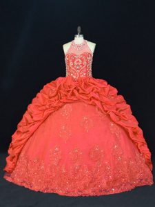 Halter Top Sleeveless Quinceanera Gowns Floor Length Beading and Appliques and Embroidery Red Taffeta