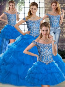 Cute Blue Lace Up 15th Birthday Dress Beading and Pick Ups Sleeveless Brush Train
