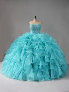 Fashionable Lace Up Ball Gown Prom Dress Aqua Blue for Sweet 16 and Quinceanera with Beading and Ruffles