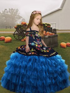 Custom Designed Blue Ball Gowns Organza Straps Sleeveless Embroidery and Ruffled Layers Floor Length Lace Up Girls Pagea