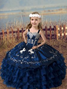 Custom Designed Navy Blue Ball Gowns Embroidery and Ruffled Layers Child Pageant Dress Lace Up Organza Sleeveless Floor 