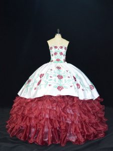 Admirable Floor Length Burgundy Quinceanera Gown Organza Sleeveless Embroidery and Ruffles
