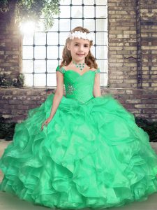 Sweet Turquoise Organza Lace Up Straps Sleeveless Floor Length Little Girls Pageant Dress Wholesale Embroidery and Ruffl