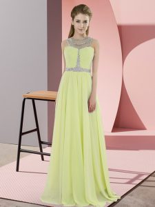 Free and Easy Yellow Sleeveless Floor Length Beading Zipper Prom Dress