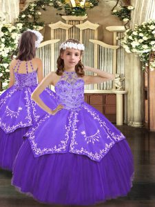 Sleeveless Tulle Floor Length Lace Up Little Girl Pageant Dress in Purple with Beading and Embroidery