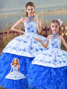 Flirting Blue And White Organza Lace Up Halter Top Sleeveless Floor Length Quince Ball Gowns Court Train Embroidery and 