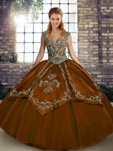 Floor Length Lace Up Quinceanera Gowns Brown for Military Ball and Sweet 16 and Quinceanera with Beading and Embroidery