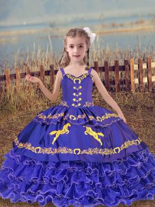Most Popular Blue Kids Pageant Dress Wedding Party with Beading and Embroidery and Ruffled Layers Straps Sleeveless Lace
