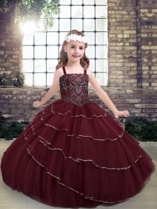 Cute Floor Length Burgundy Child Pageant Dress Tulle Sleeveless Beading and Ruffled Layers